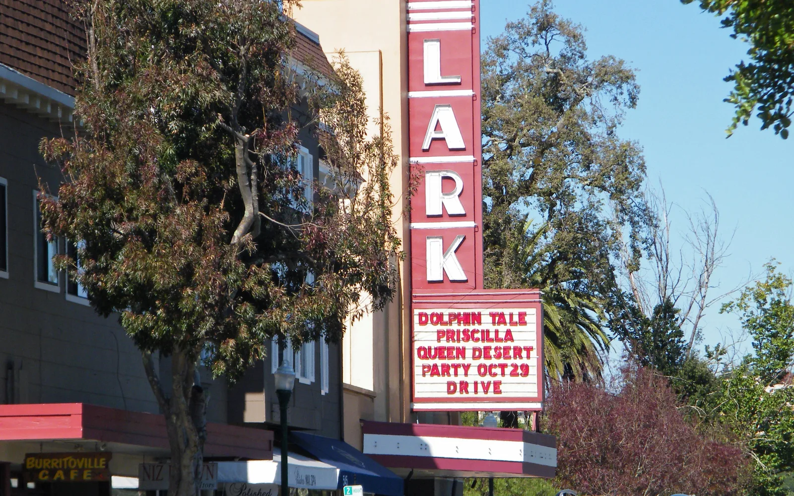 The Lark Theater, a 1936 Art Deco building on a historic downtown street in Larkspur, California